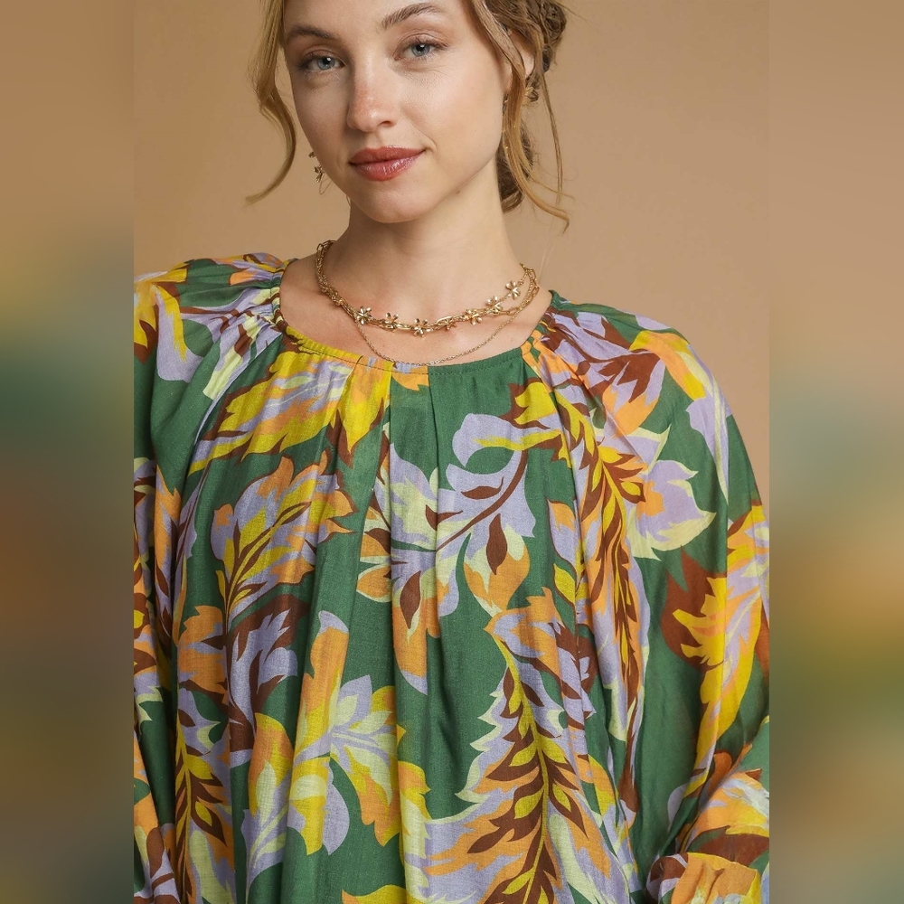 Umgee Retro Abstract Shirt Pleated 70s Round Neck Top Long Balloon Sleeve Blouse - Picture 5 of 16